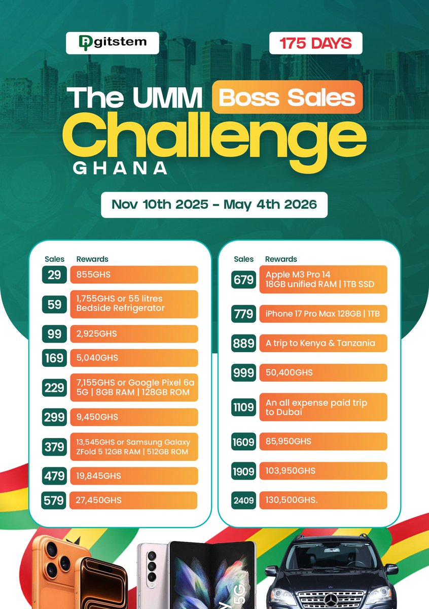 The UMM Boss Sales Challenge Is Live!

It started at 12 midnight WAT today, November 10th, 2025, and will run until May 4th, 2026. You can win amazing prizes by selling the UMM course.

Prizes include:

Gadgets and luxury devices

All-expense-paid trips

Cars and cash prizes