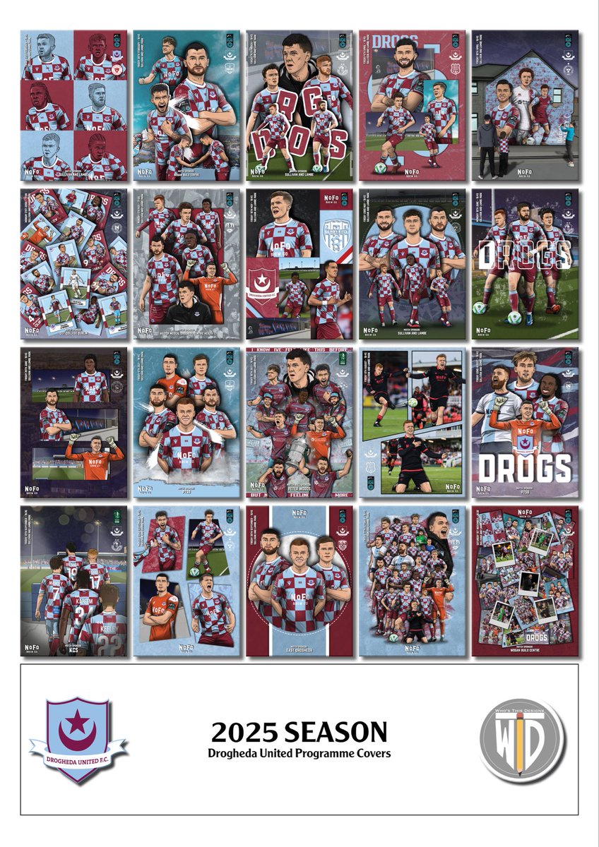 And with that the 2025 season is over! 
Great year working with the club and some of my favourite programme covers I have put together to date 🟣🔵🎨🖌️

#droghedaunited #wearedrogs #OurTownOurClub #leagueofireland 
#smsports #illustration #illustrator