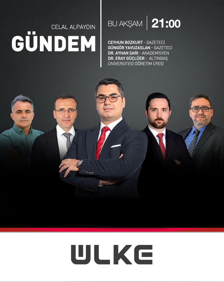 Celal Alpaydın'ın sunduğu 'Gündem' programına Gazeteciler Ceyhun Bozkurt ve Güngör Yavuzaslan, Akademisyen Dr. Ayhan Sarı ve Altınbaş Üniversitesi Öğretim Üyesi Dr. Eray Güçlüer konuk oluyor.
'Gündem' bu akşam 21:00'de Ülke TV'de 
<a href="/cyhnbzkrt/">Ceyhun Bozkurt</a> <a href="/gyavuzaslan74/">GÜNGÖR YAVUZASLAN</a> <a href="/drayhansari/">Ayhan SARI</a>