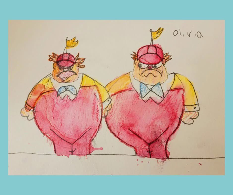 How wonderful is this painting by 7 year old Olivia Pennycuick?

Olivia has skilfully used watercolour pencils to bring her painting of Tweedle Dee and Tweedle Dum to life, and has captured their facial expressions wonderfully! Excellent painting Olivia!