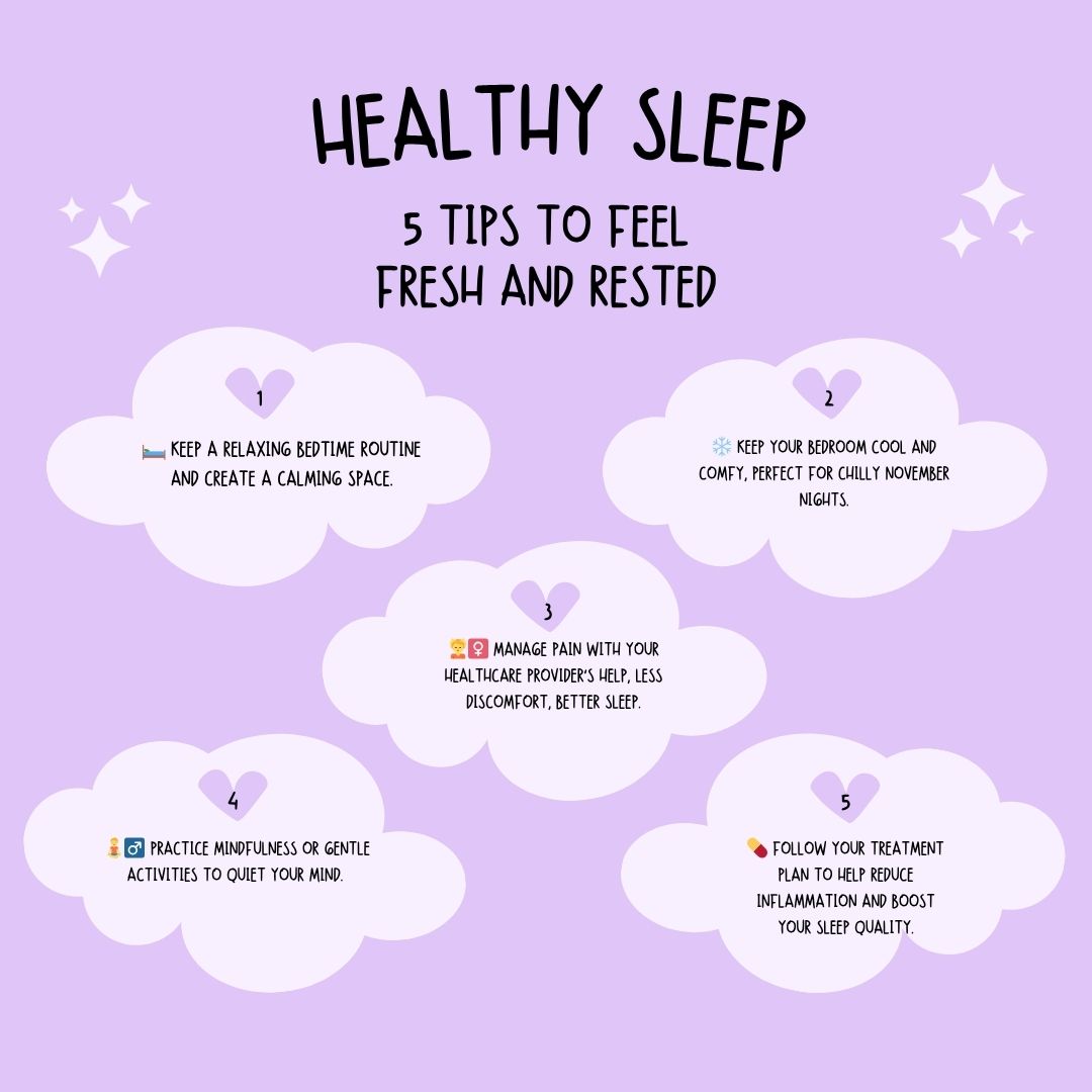 PsoriasisInfo's tweet image. Sleep can be tough with psoriatic disease 😴 Inflammation disrupts rest &amp;amp; pain adds to stress. This November, try a calm routine, cosy nights, pain management &amp;amp; mindful moments🛏️❄️💆‍♀️🧘‍♂️ Better sleep helps ease symptoms—small steps, big impact! 💪 #PsoriaticDisease #psoriasis