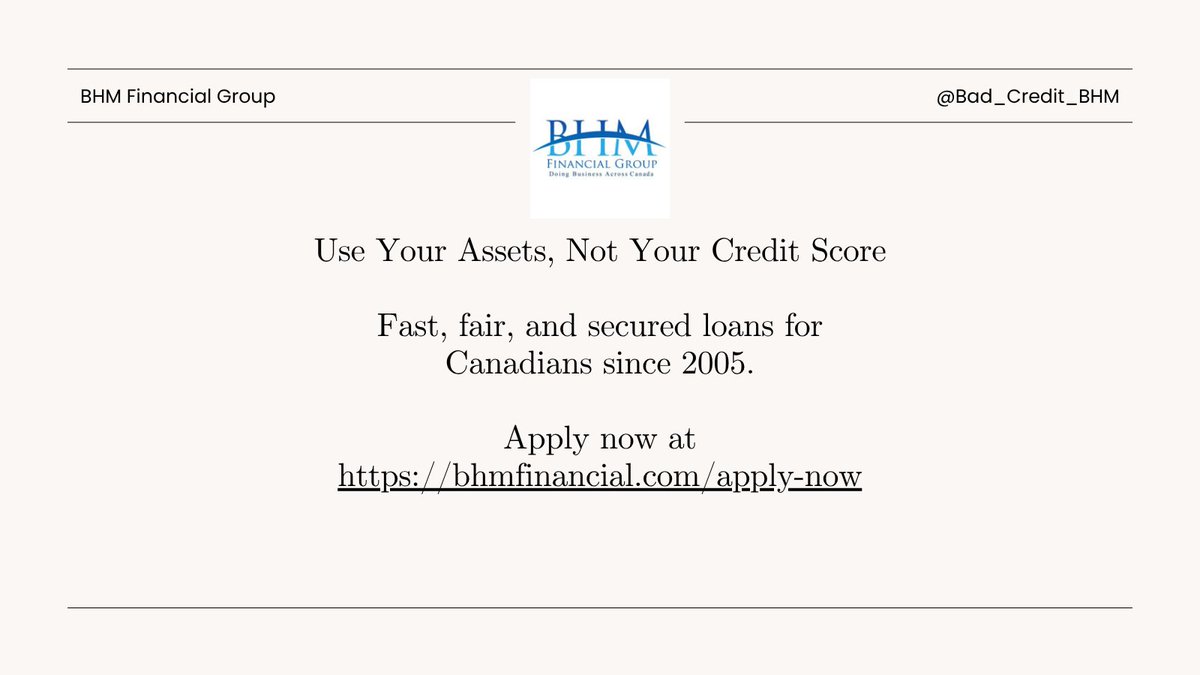 Bad_Credit_BHM's tweet photo. 💡Use your assets, not your credit score.

At BHM Financial, we help Canadians 🇨🇦 access fast, fair secured loans, using what they own. 

✅ Apply online in minutes
✅ No credit check
✅ Quick approval
✅ Trusted since 2005

👉https://t.co/22mu58Wv0J

#BHMFinancial #SecuredLoans https://t.co/QOqQ1wlw2x