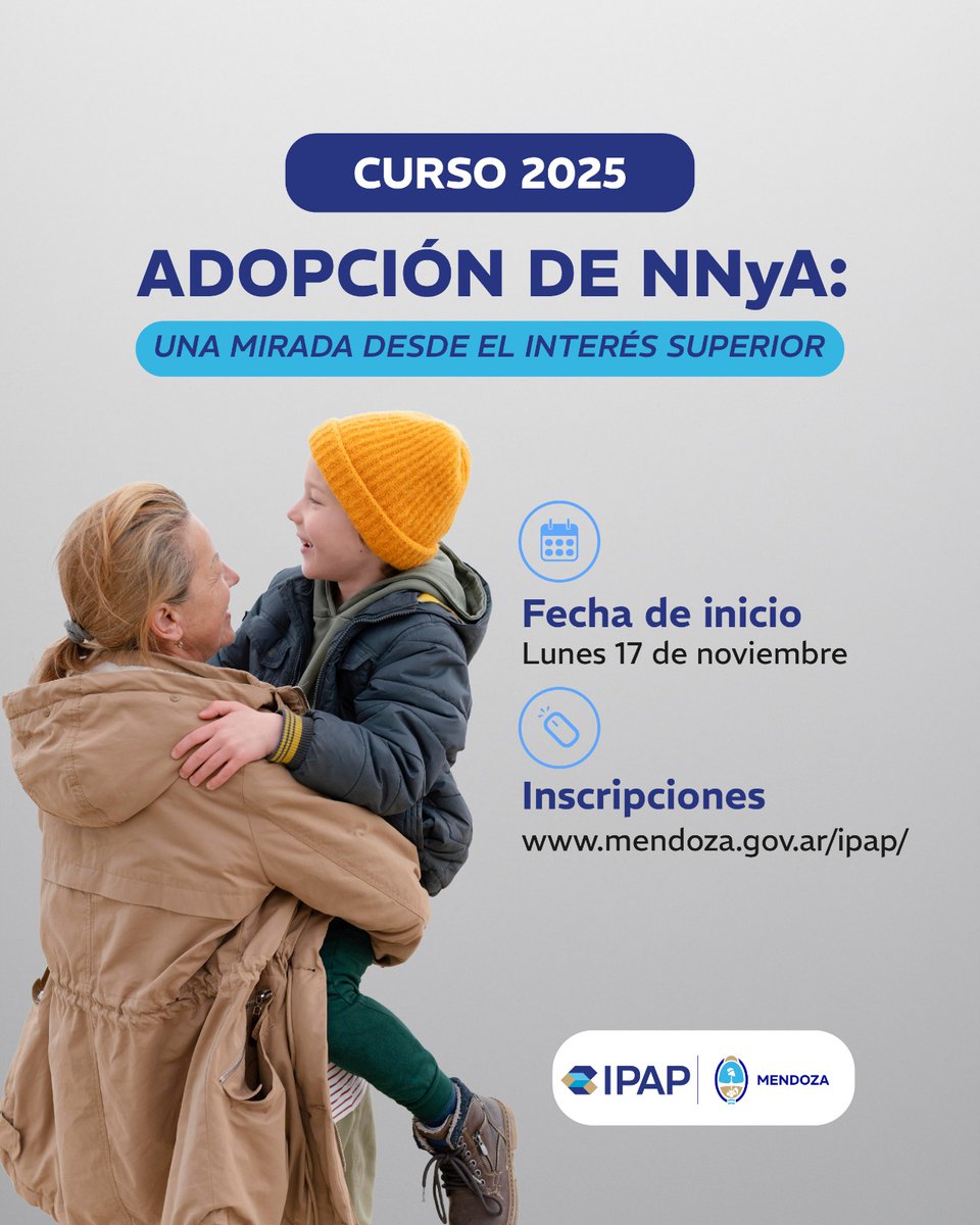 👩🏻‍💻 3° cohorte del curso “Adopción de NNyA: Una mirada desde el interés superior”

📝 Comienza: lunes 17 de noviembre | Modalidad asincrónica.

🗣 Formación gratuita para agentes de la administración pública y municipios de Mendoza.

🔗 Info e inscripción: informacionoficial.mendoza.gob.ar/educacion-cult…