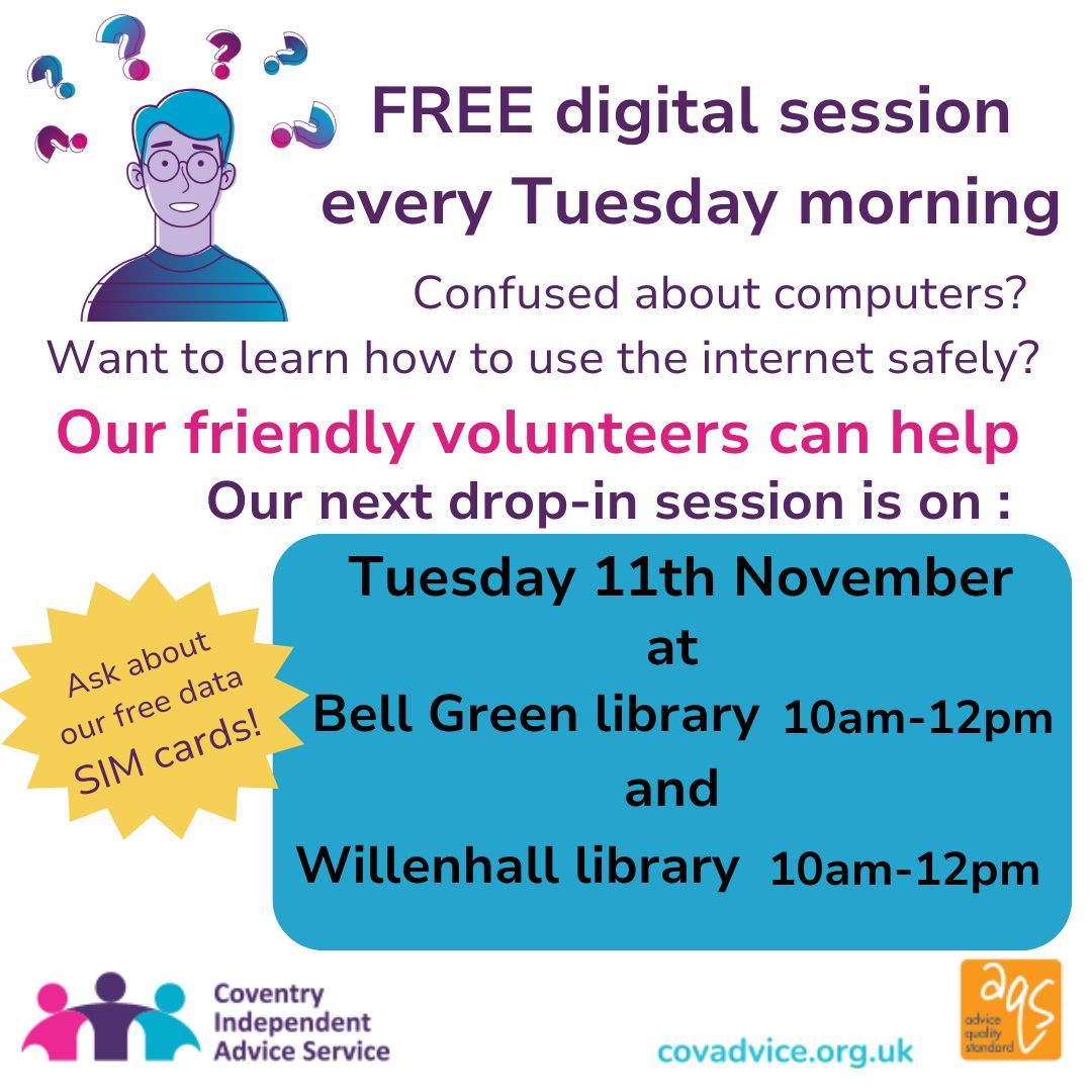 Our volunteers will be at Bell Green Library and Willenhall library tomorrow - Tuesday 11th November, from 10am-12pm, to offer support to local residents with any digital related query. Pop along and find out more #coventry #covconnects #DigitalSkills #covlibraries