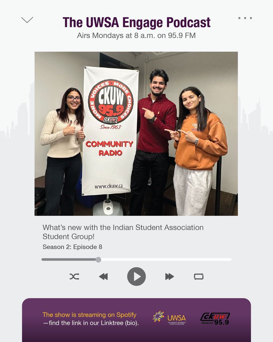 Season 2, episode 8 of the UWSA Engage podcast is now available! In this episode, we talk with the Indian Student Association. Listen on Spotify at buff.ly/ZD7wTuN.
