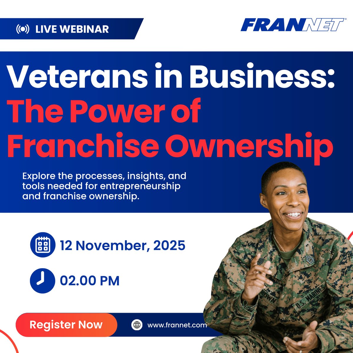 FranNetHouston's tweet image. Veterans, this one’s for you. 🇺🇸

Join us for a free webinar designed to help veterans and transitioning service members explore entrepreneurship and franchise ownership.

Register here! 
us06web.zoom.us/webinar/regist…