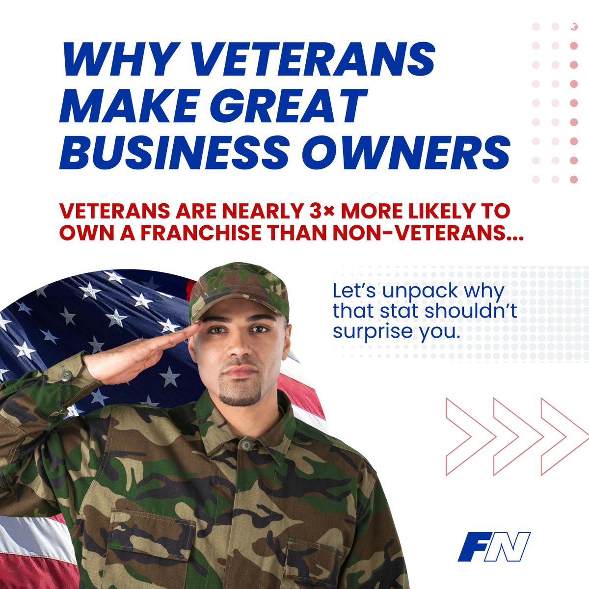 FranNetHouston's tweet image. Veterans are 3x more likely to own a franchise than the average person, and that&apos;s no coincidence.
Let’s talk about how your service can lead to success in business ownership.

#VeteransInBusiness #FranchiseOwner #CareerTransition
