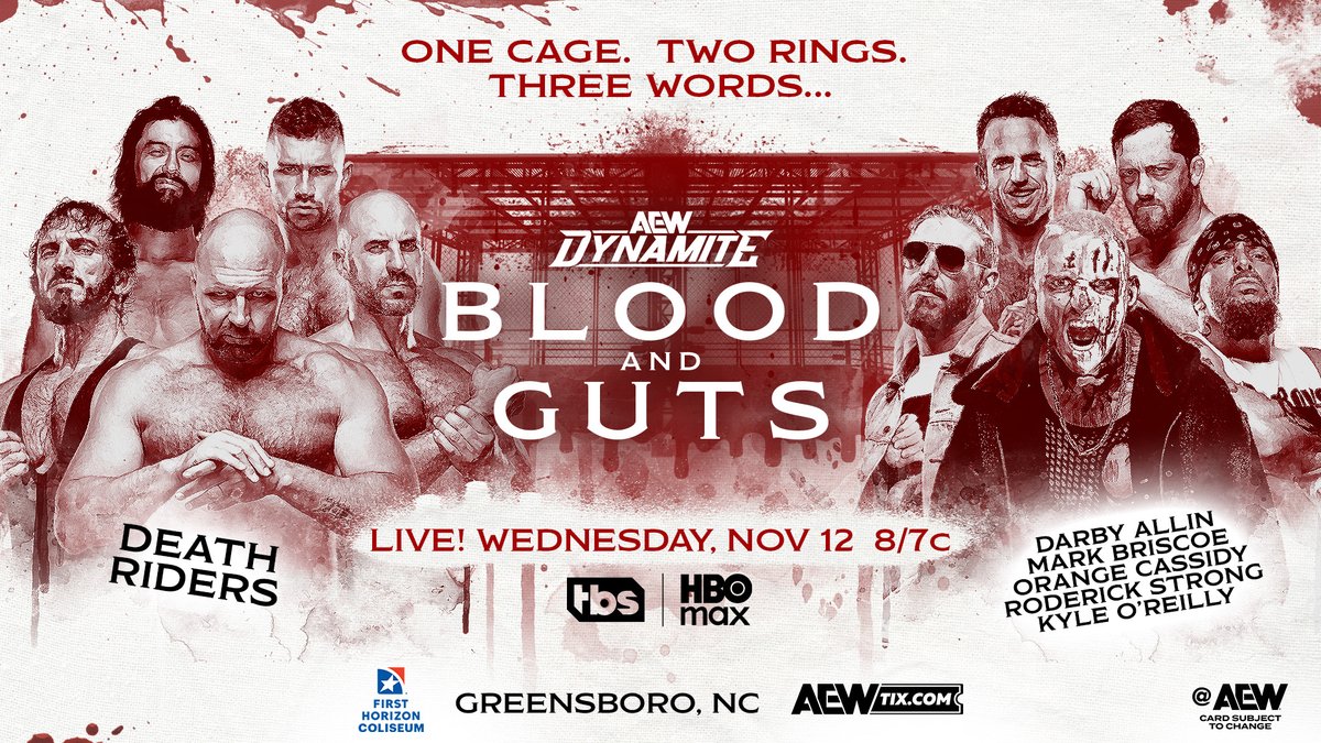 AEW's tweet photo. 🩸 THIS WEDNESDAY, 11/12! 🩸

One Cage. Two Rings. Three Words.

Blood &amp; Guts begins LIVE at 8/7c on @TBSNetwork + @SportsOnMAX, THIS WEDNESDAY 11/12! https://t.co/i1yJSIgDe3