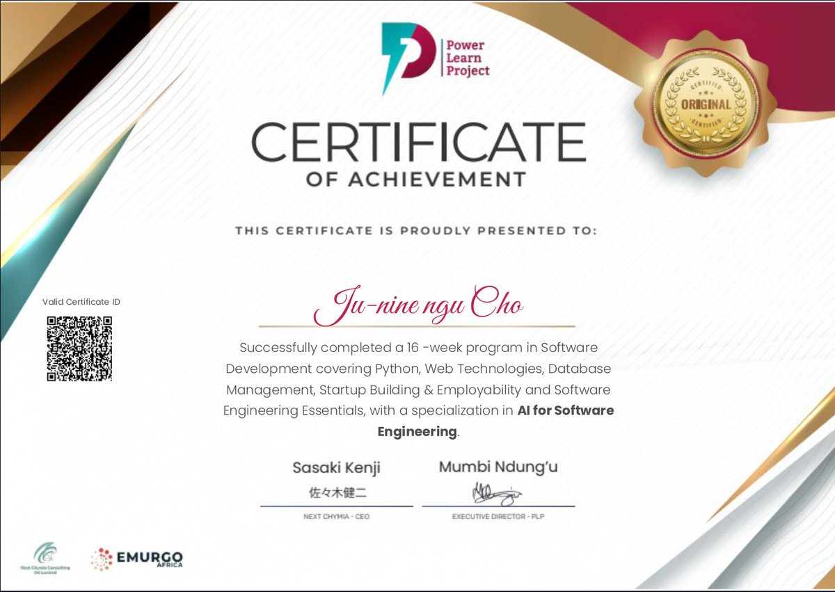 chojuninengu's tweet image. I&apos;m thrilled to announce that I&apos;ve completed the 16-week Software Development program from the Power Learn Project!
#PowerLearnProject #SoftwareDevelopment #AIinSoftwareEngineering #Python #WebDevelopment #TechSkills #CareerGrowth #CertificateOfAchievement