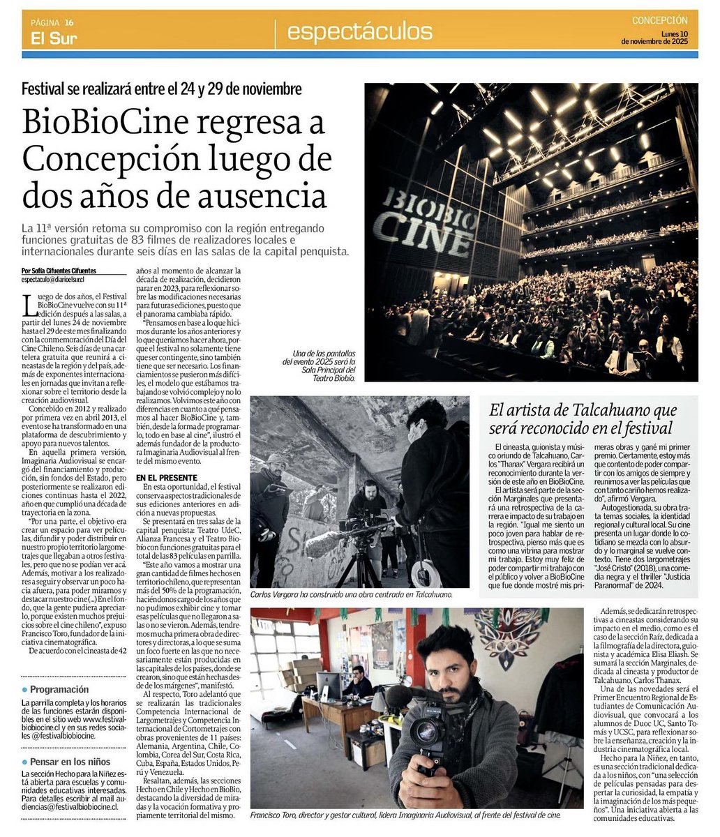 ImaginariaAV's tweet photo. @elsurcl destaca el regreso de nuestro @FIBioBioCine en la portada de espectáculos 🗞️ https://t.co/ah3OANEcui
