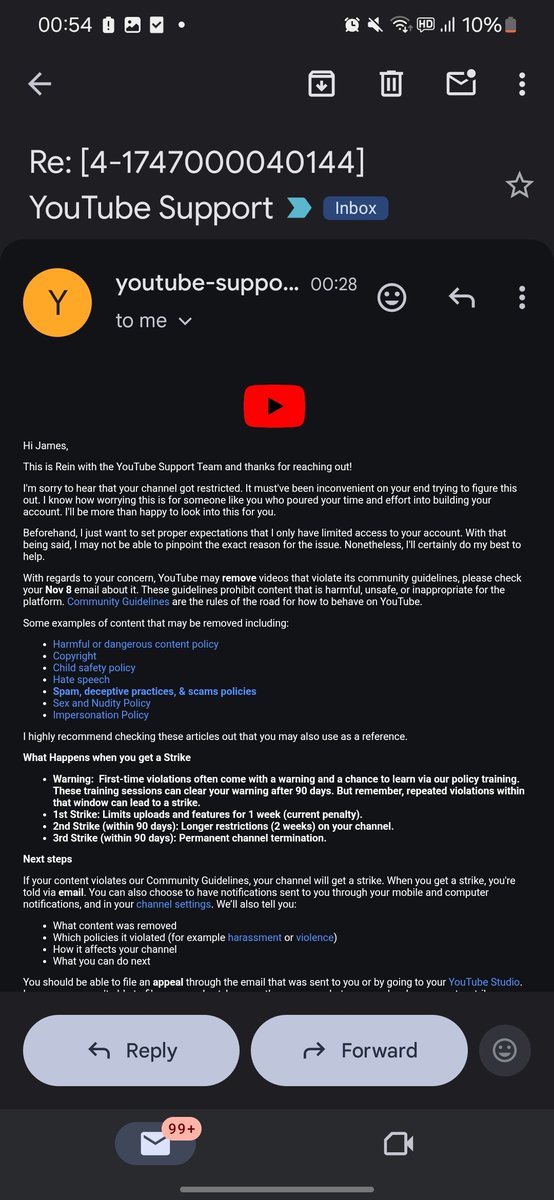 jess_oh's tweet photo. @TeamYouTube @TeamYouTube this is insane. My name is not even James. This "support" email was completely irrelevant. Can you please respond to my DM and help me reinstate my account that was wrongly terminated? Appeal denied within seconds, which clearly indicates it was not human-reviewed. https://t.co/Feasz0wmLv