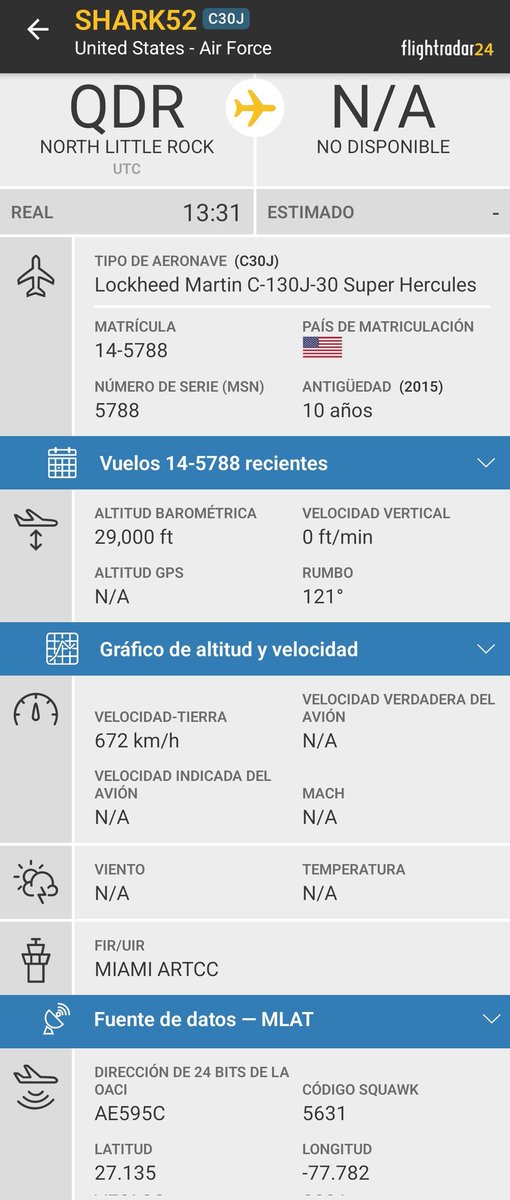Arrest_Maduro's tweet photo. 🇺🇲U.S. Air Force C-130J-30 Super Hercules, reg. 14-5788, hex #AE595C, código de llamada SHARK52, procedente de Little Rock AFB y volando sobre Las Bahamas en dirección sureste.
Estuvo en PR🇵🇷 el sábado, veremos si va allí de nuevo. https://t.co/dqAhc9FAWp