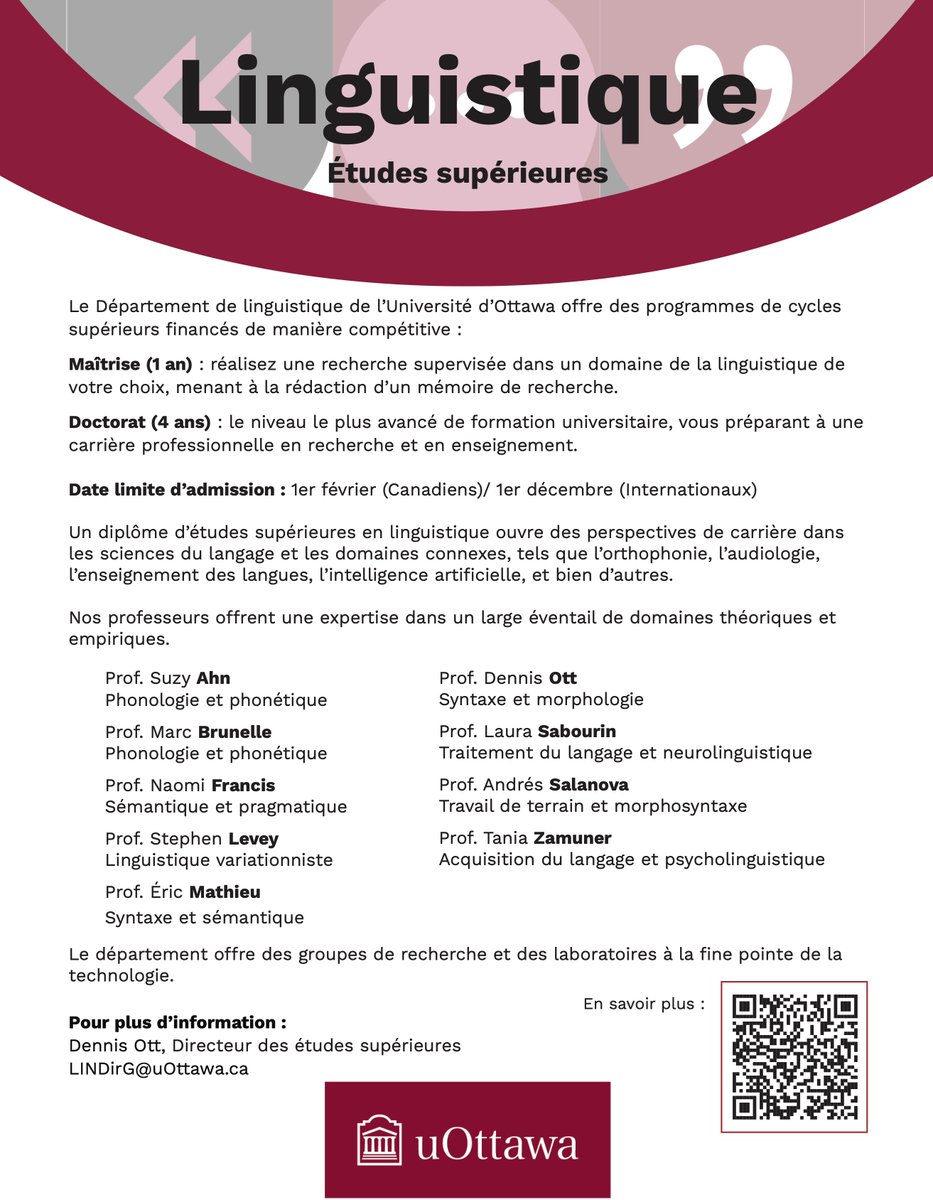 Le Département de #linguistique de l’Université d’Ottawa offre des programmes de cycles supérieurs financés de manière compétitive. Date limite d’admission : 1er février (Canadiens)/ 1er décembre (Internationaux).

En savoir plus :