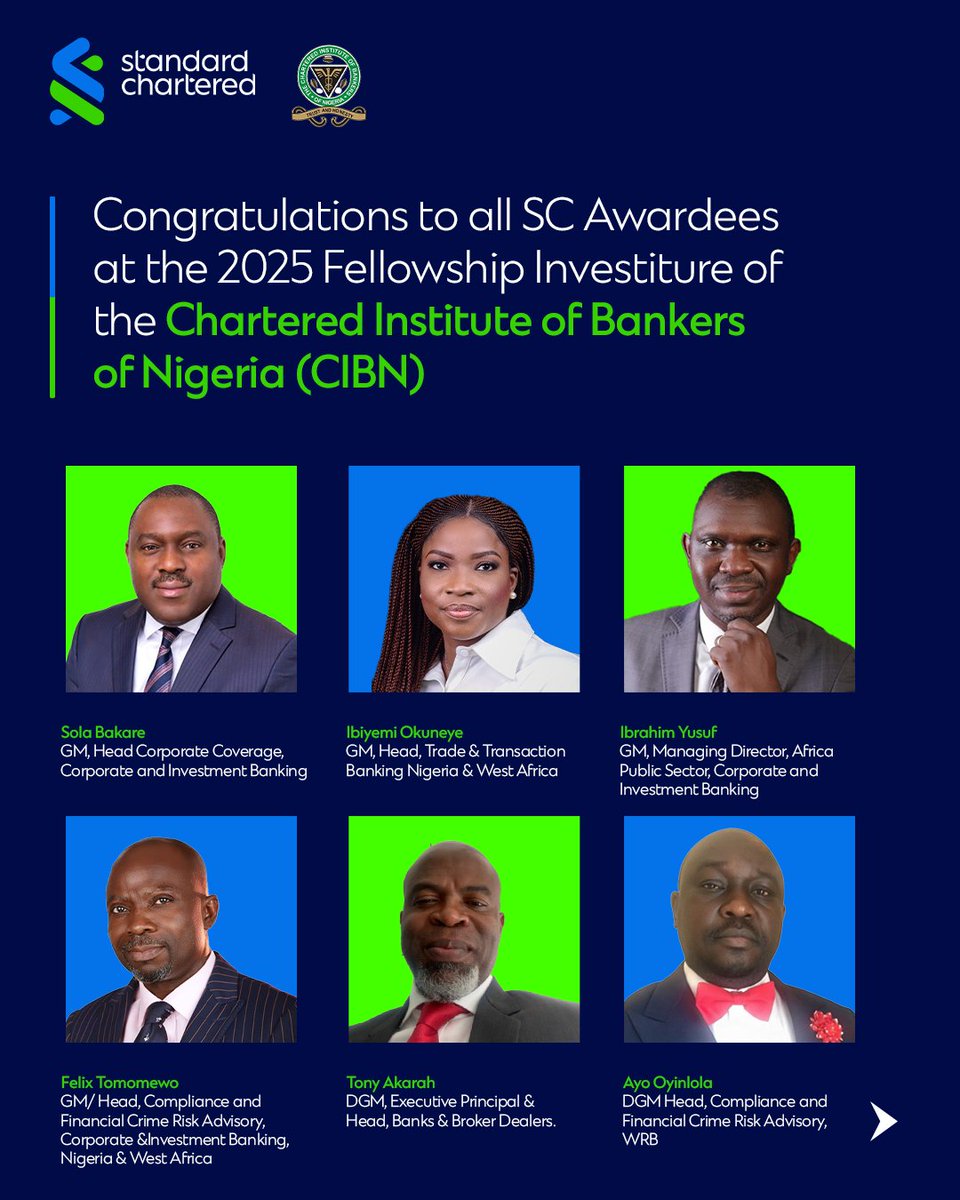 StanChartNG's tweet image. Congratulations to all our colleagues who were inducted into the Chartered Institute of Bankers of Nigeria (CIBN) at the 2025 CIBN Investiture ceremony in Lagos recently.

Cheers to raising the bar in leadership and inspiring others to aspire for more!
#StanChartNG #CIBNFellows