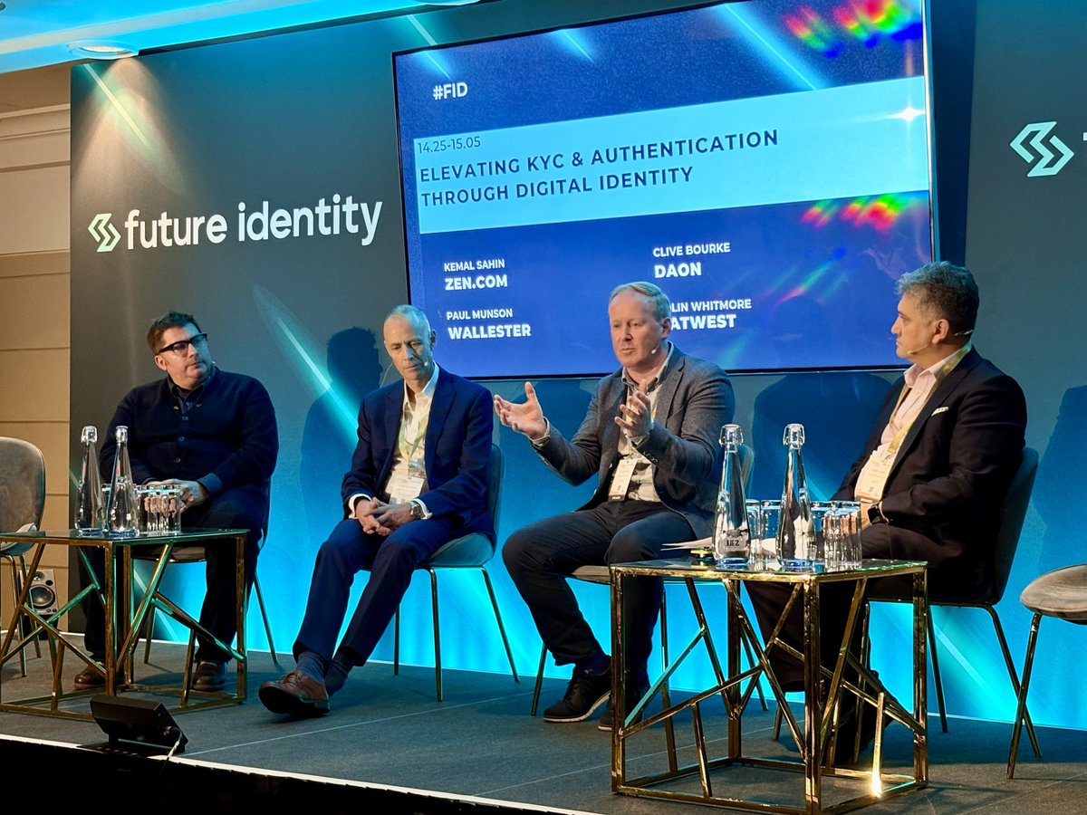 DaonInc's tweet image. Wrapping up Day 1 at #FutureIdentityFestival with a powerful discussion on how #Digitaldentity is transforming #KYC &amp;amp; #authentication. 

Clive Bourke joined leaders from Zen, NatWest &amp;amp; Wallester to explore smarter, trust-driven compliance.