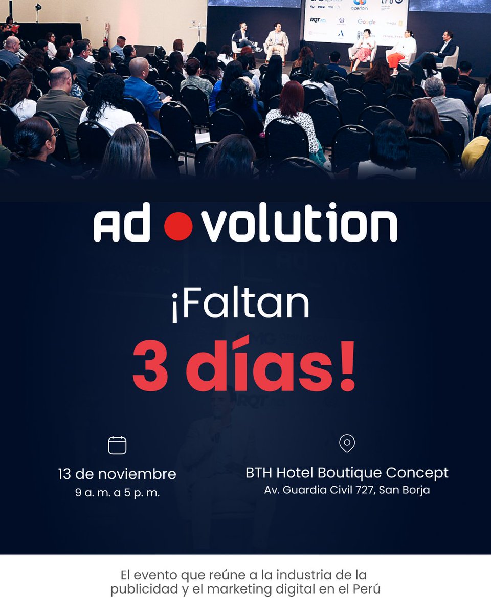 iabperu's tweet image. ¡Faltan solo 3 días! 🎯 Este 13 de noviembre, sé parte del #Advolution para conectar y aprender junto a la industria de la publicidad y el #marketingdigital.

🎟️ Entradas: lnkd.in/ecsV39aw