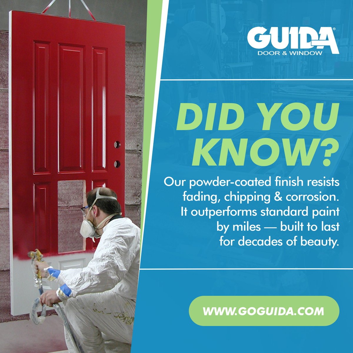 GoGuida's tweet image. Did you know? 🤔 Our powder-coated finish resists fading, chipping &amp;amp; corrosion — outperforming standard paint by miles! 🌟 Built for decades of beauty.

#GuidaDoors #GuidaQuality #HomeFacts #LongLasting