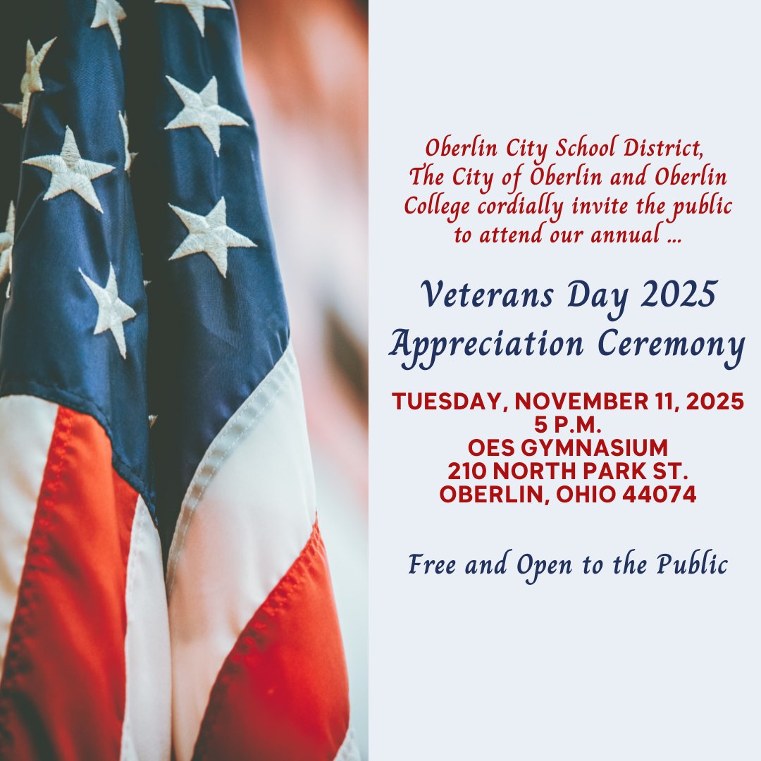 Join us for the 2025 Veterans Day Appreciation Ceremony
🔹Tuesday, November 11
🔹5:00pm
🔹Oberlin Elementary School (210 North Park Street)

Free &amp; Open to the Public