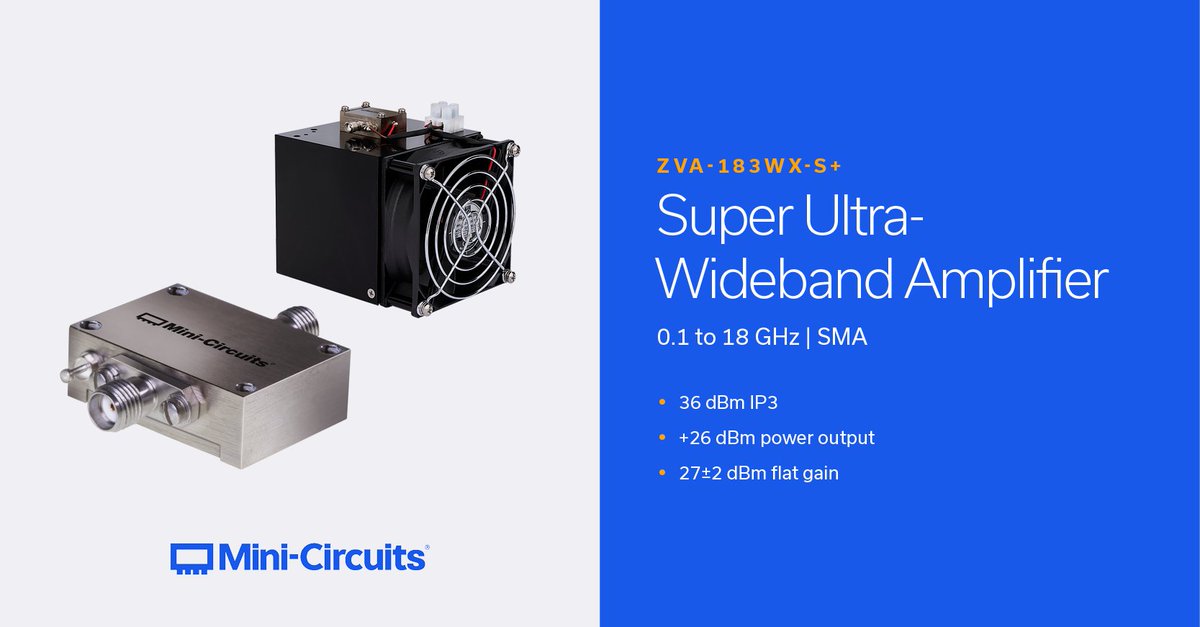 MiniCircuits's tweet image. ZVA-183WX-S+ is a Class-A, four stage, unconditionally stable amplifier operating from 0.1 to 18 GHz. It&apos;s ideal for applications including radar and miliary, test and instrumentation, satellite repeaters and more.

hubs.ly/Q03RW0PZ0

#rf #amplifier #wideband #engineering