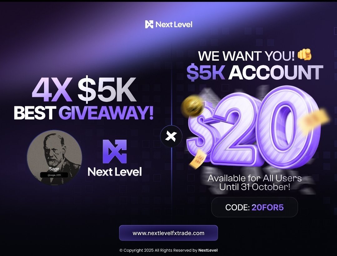 sage_089's tweet image. 🎁4X$5k GIVEAWAY 🎁

To enter:

✅Follow @next_level_prop @sage_089 @leetzai 

✅Like &amp;amp; Repost 

✅Tag 3 traders 

👉 checkout.nextlevelfxtrade.com/?ref=