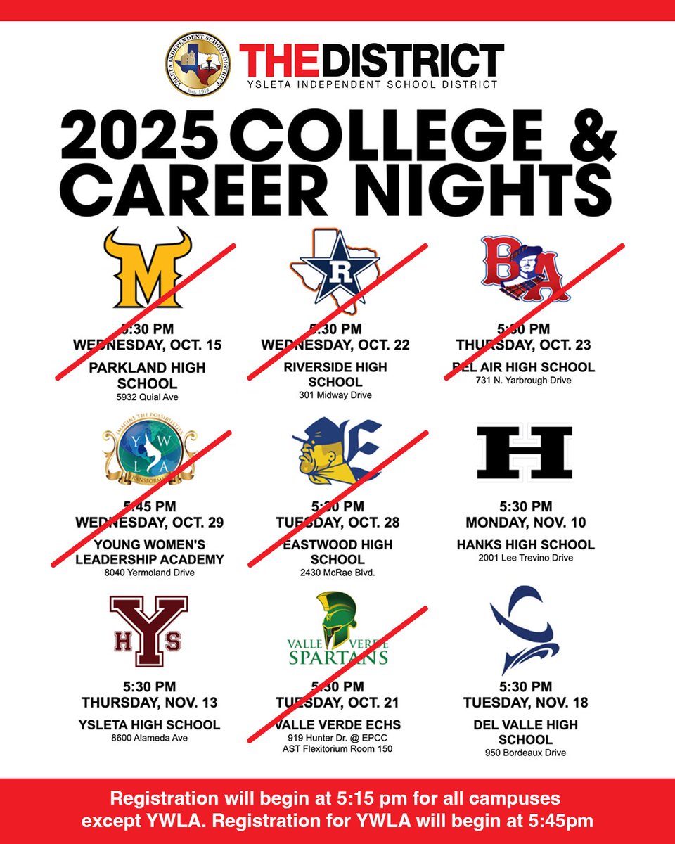 🎓 College &amp; Career Nights continue this week!
Explore Hanks HS and Ysleta HS — find the right fit for your child and get all your questions answered.

📅 Nov. 10 – Hanks HS
📅 Nov. 13 – Ysleta HS

👇 Full schedule