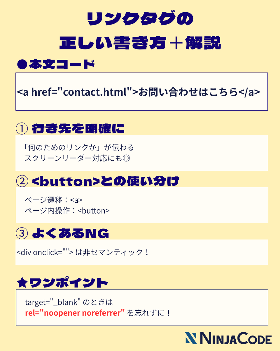 ninjacodeee's tweet image. 【HTML初心者あるある⚠️】

 &amp;lt;a href=&quot;...&quot;&amp;gt;こちら&amp;lt;/a&amp;gt; は実はNG！
「リンク先が分からない」＝UXもSEOも低評価

正しい書き方は…
👉2枚目でチェック！

#HTML学習 #Web制作初心者 #コーディング基礎