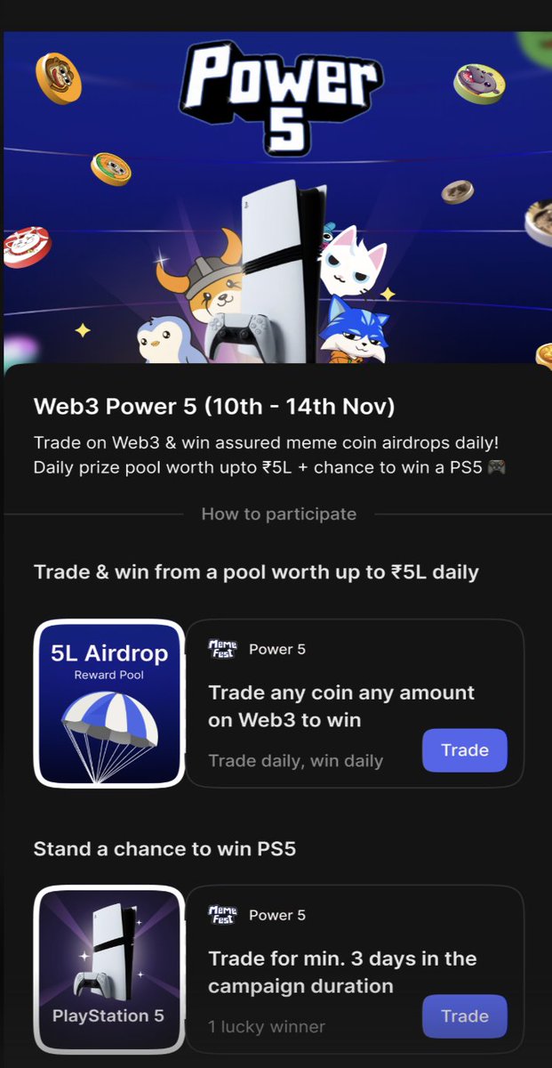 We have a very interesting trading contest in <a href="/CoinDCX/">CoinDCX : India Ka Crypto Coach</a>’s Web3 mode:
> DYOR, trade in Web3 mode
> Earn assured meme coin airdrops.
> Also stand a chance to win a PS5.

If you haven’t explored Web3 mode yet, do try it out and share your feedback with us! 💪