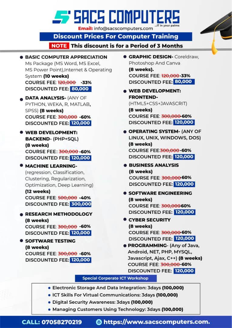 sacscomputers's tweet photo. We deliver training and certification in tech courses at the most affordable rates. 
Check the attached flyer and register today. You need these skills.
#SACSComputers https://t.co/jK4rFe8F1v