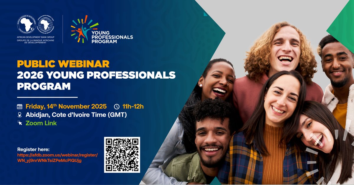 Join the <a href="/AfDB_Group/">African Development Bank Group</a> Young Professionals Programme Webinar on 14 November at 11am GMT to learn how you can kick-start your career with Africa’s premier development institution.

🔗 Register now:  bit.ly/486dsLV
 
 #YouthInDevelopment
