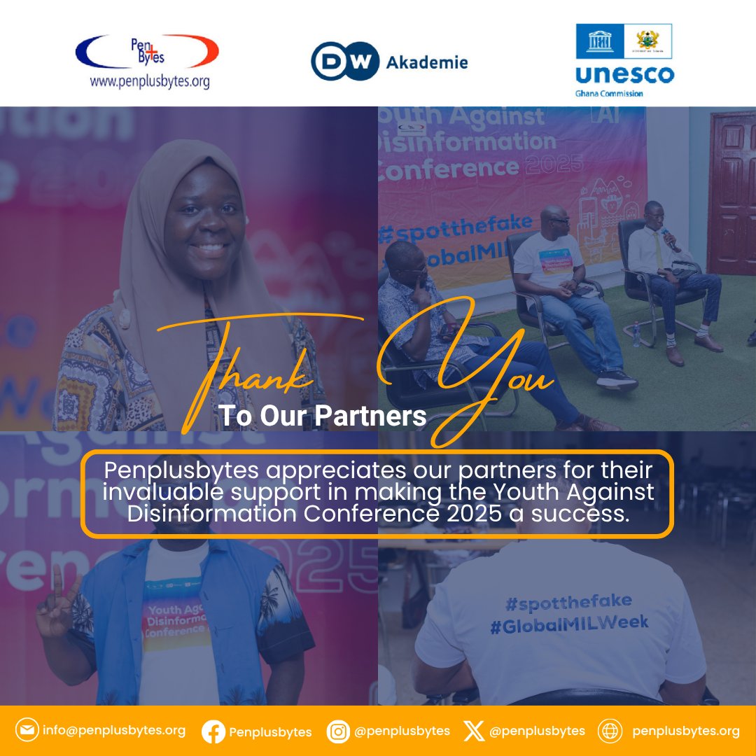 penplusbytes's tweet image. Behind every impact story is collaboration that makes it possible.

A heartfelt thank-you to our partners: @dw_akademie, @UnescoGhana, and the @unescoghnatcom for championing media and information literacy with us through the #YouthAgainstDisinformation Conference 2025.
