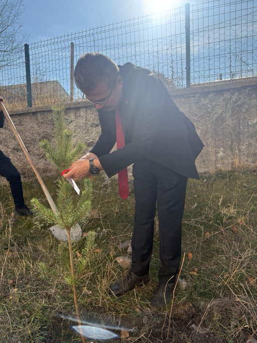 First image shows a man in a black suit and red tie kneeling to plant a small pine sapling with a shovel near a wire fence under a clear blue sky with the sun visible. Second image depicts a group of about 15-20 adults and young people including men in suits and casual wear and women in various outfits standing together on grass in front of a beige school building holding red flowers. Third image features six young children in orange uniforms with white shirts kneeling in a circle around a newly planted sapling each holding a white paper while smiling at the camera on grassy ground. Fourth image is a collage of four scenes showing groups of adults and children in formal and casual clothes digging and planting trees with shovels near school buildings and fences under sunny skies.