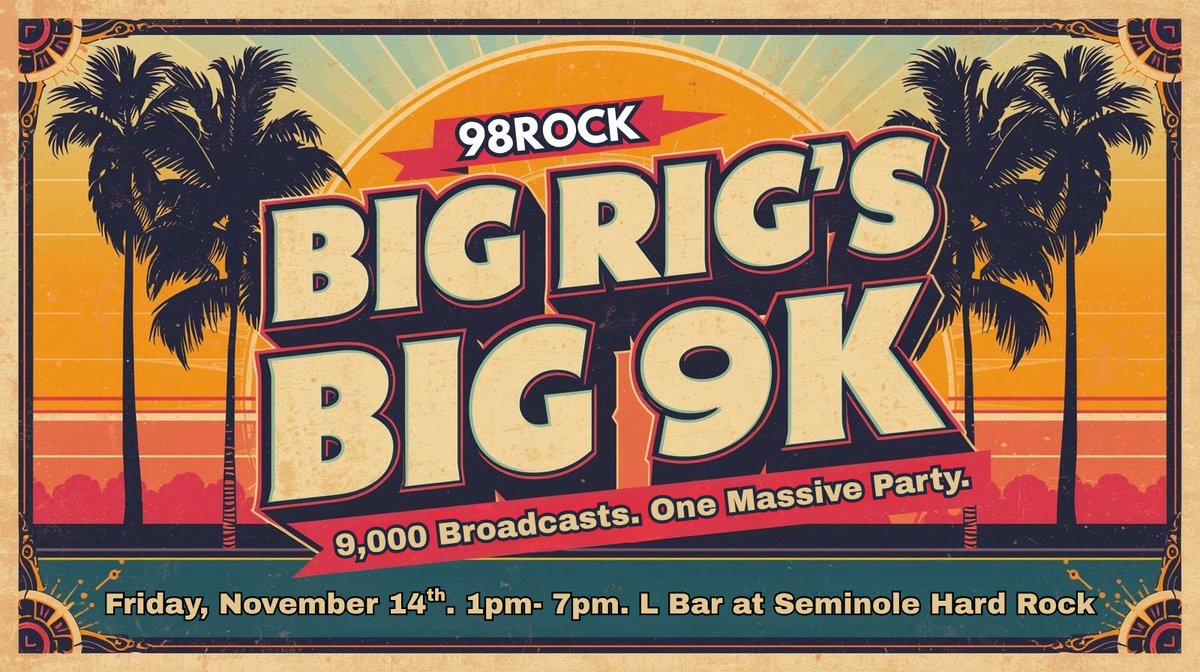 98rocktampabay's tweet image. Raise a glass to @bigrig98rock 's 9,000th show! 🥂
Party goes down Fri 11/14 @ the L Bar 1–7p.
Stream live around 4:40ish &amp;amp; Talkback the keywords he gives you to snag a $50 GC to the Seminole Hard Rock! 
🎧 98ROCK.com/Listen
#98ROCK #BigRigLegend