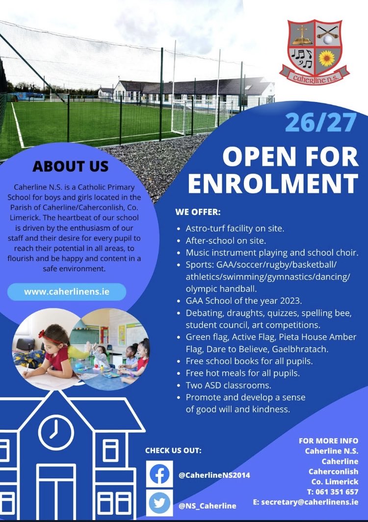 Enrolment: We are now enrolling for the school year 26/27. Simply visit caherlinens.ie/enrolment.html to find out how to enrol in our school for the mainstream and ASD classes.