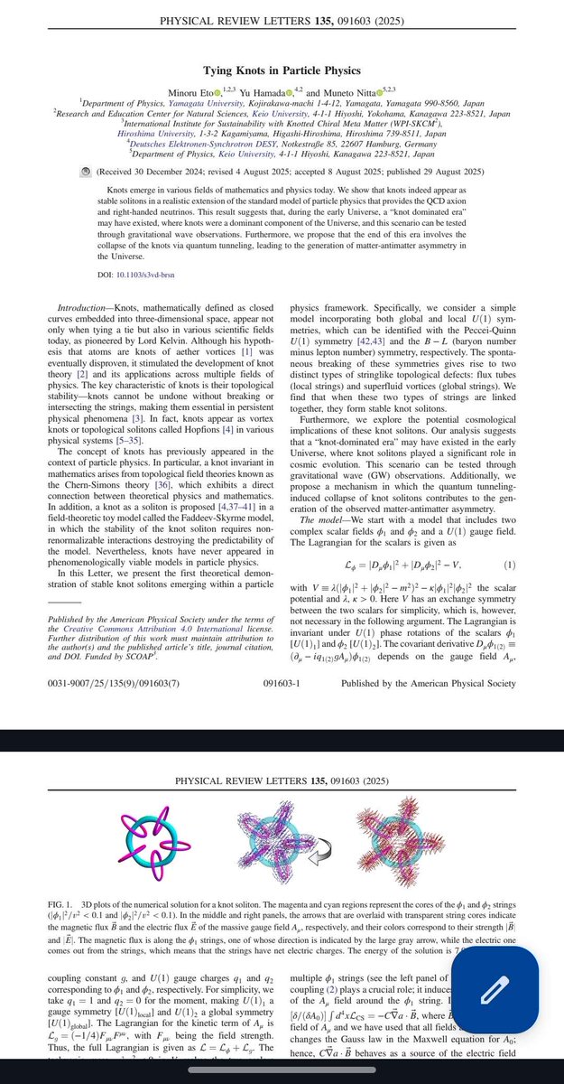 『Tying knots in particle physics』という論文を読んだ。
「宇宙の起源は結び目かもしれない」らしい。
……もう自分の結び目理論ゲームの世界観にぶち込むしかないでしょ🪢

Just read “Tying knots in particle physics.”
Apparently the origin of the universe might be… knots.
Well, now I