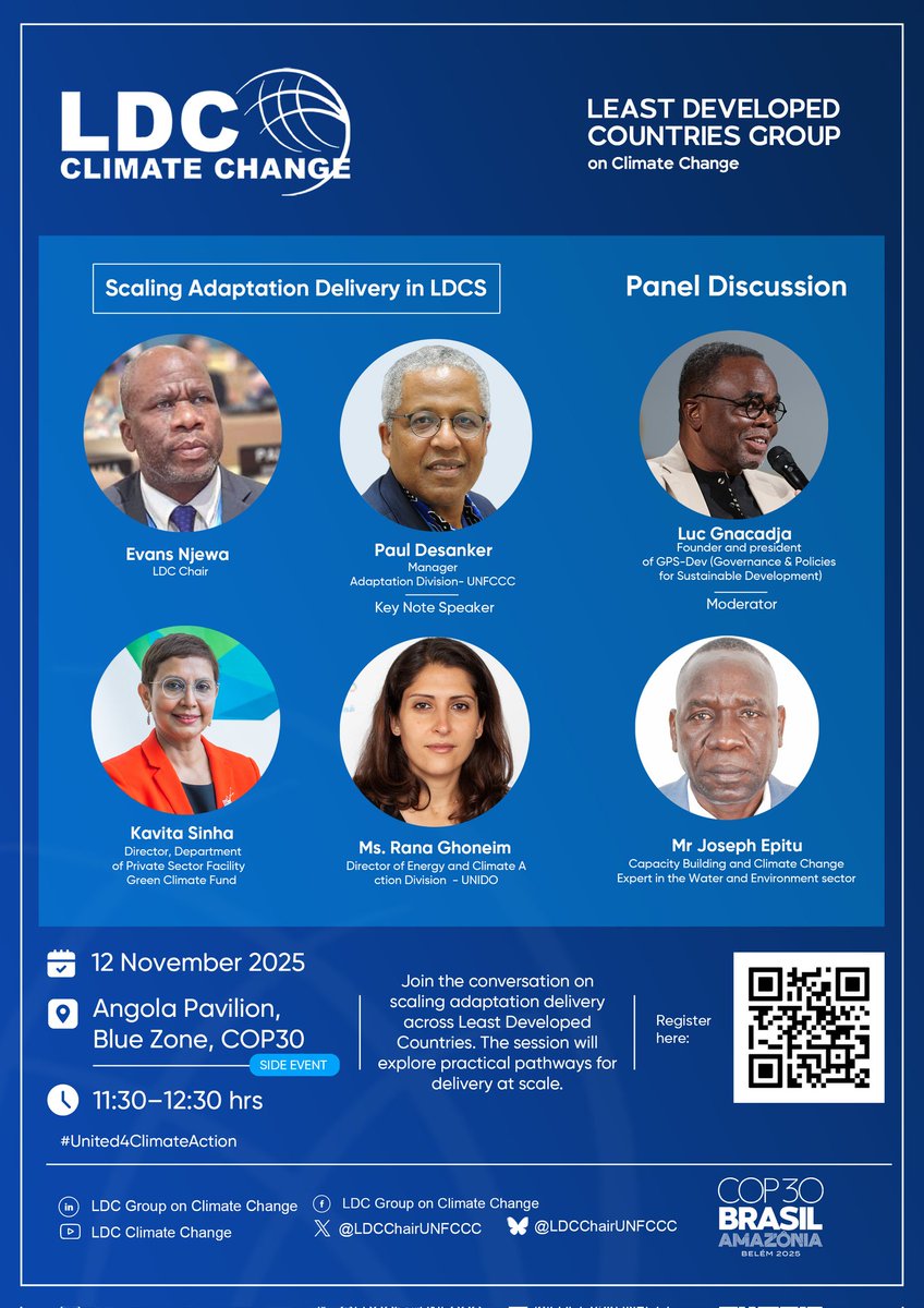Join us at #COP30 in Belém, Brazil, Angola Pavilion. Scaling Adaptation Delivery in LDCs: practical pathways &amp; finance access. Register now: in person or virtual participation.

us06web.zoom.us/meeting/regist…

Making Adaptation Work in LDCs
 #LDCs #Adaptation #ClimateAction #COP30