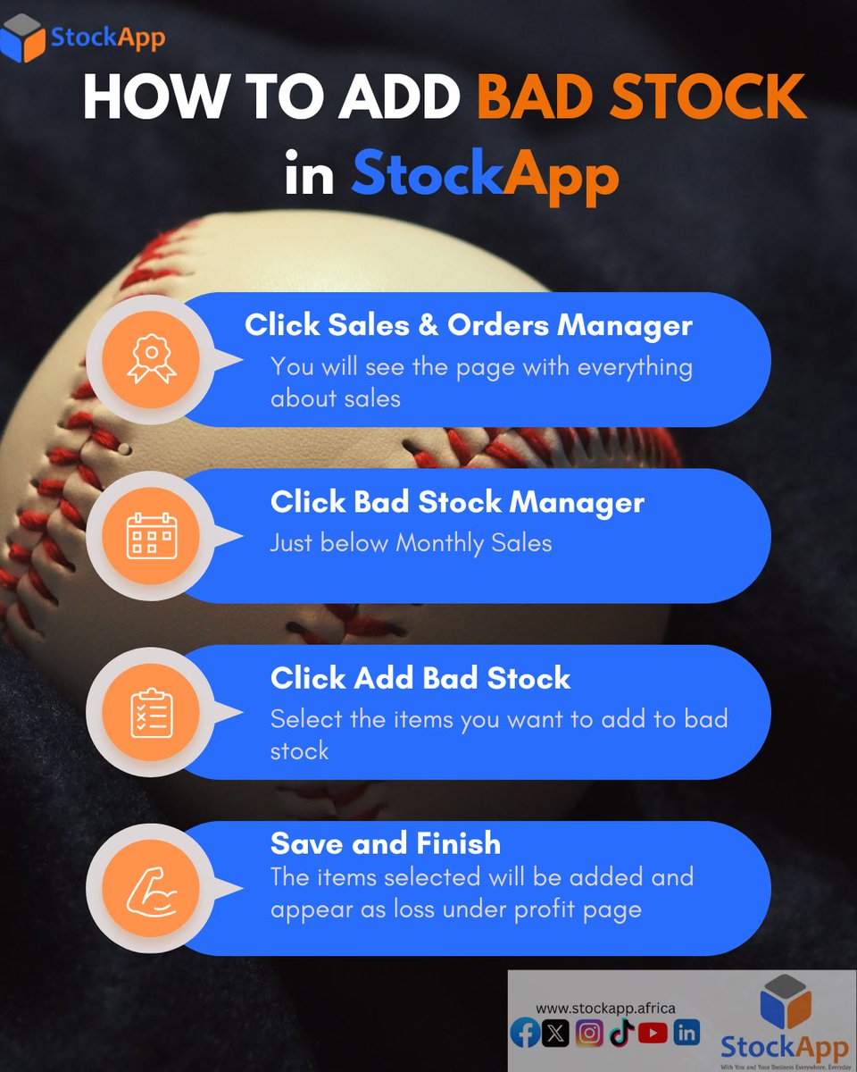 StockApp's tweet image. Got damaged or expired items? 🛠️
Here’s how to add Bad Stock in StockApp 👇
1️⃣ Click Sales &amp;amp; Orders Manager
2️⃣ Click Bad Stock Manager
3️⃣ Tap Add Bad Stock, select items &amp;amp; save ✅

Keep your inventory clean &amp;amp; accurate! 💪
#StockApp #SmartInventory
