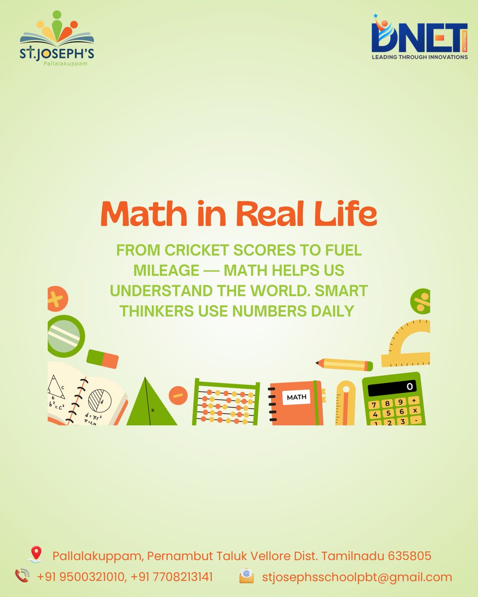 StJosephspkm's tweet image. From cricket scores to cooking recipes — math connects it all!
Numbers help us think, plan, and grow smarter every day.

📞 Call us: +91 9500321010 | +91 7708213141

#StJosephsSchool #MathInAction #EverydayLearning #SmartThinking #DNET