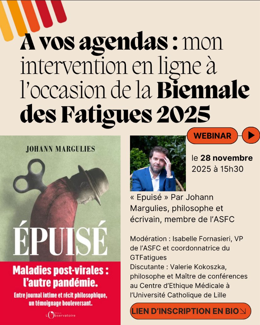 A vos agendas ! J’interviendrai en ligne à la Biennale des fatigues le 28/11 à 15h30. On parlera de mon livre « Épuisé », de philosophie du soin et de pacing.

Lien d’inscription: event.webinarjam.com/pl6qm/register…

#COVIDlong #emsfc