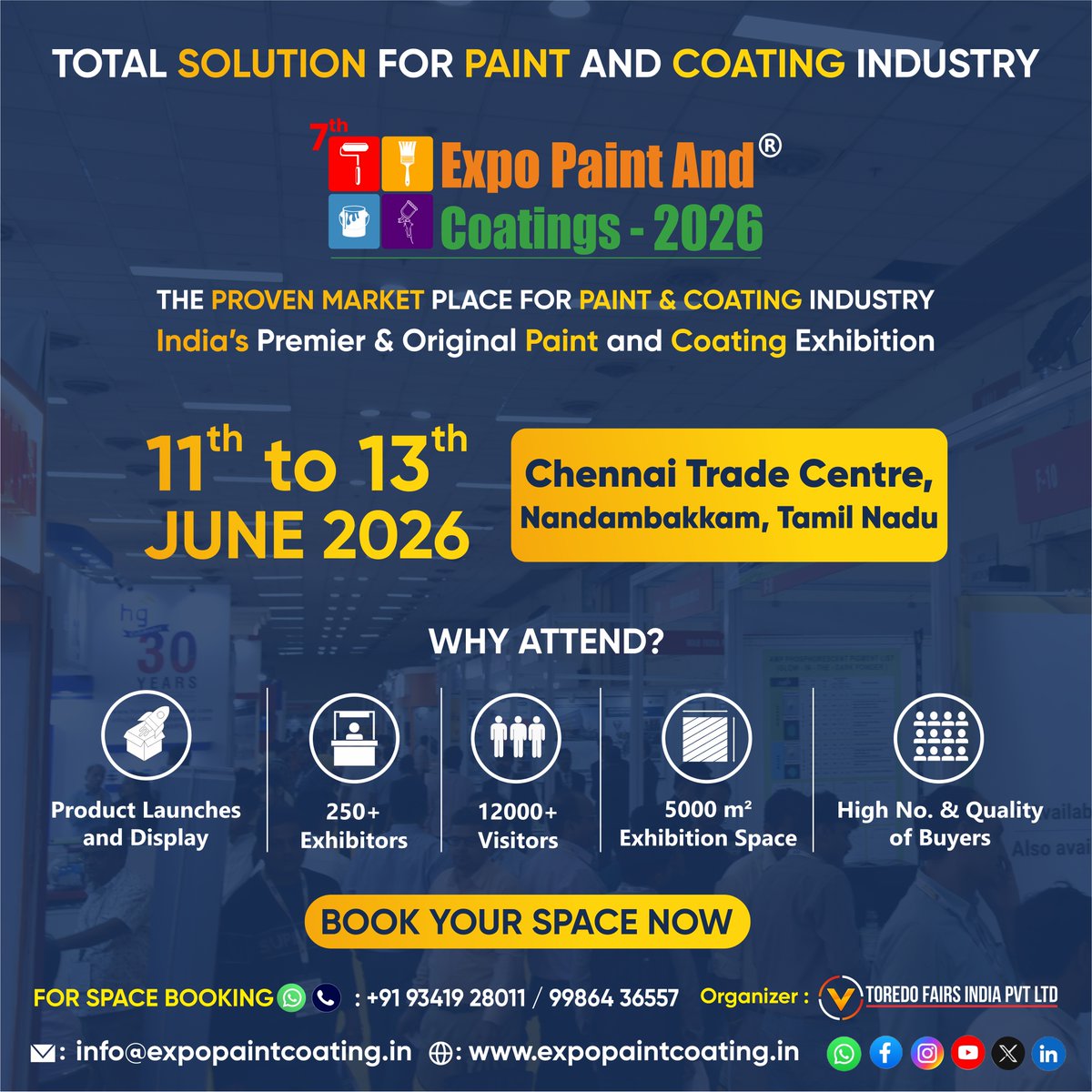 🎨✨ Get ready to color your world at the 7th Expo Paint &amp; Coatings 2026! ✨
📍 Chennai Trade Centre, Tamil Nadu 
📅 June 11–13, 2026
#PaintExpo2026 #CoatingsExpoIndia #ChennaiEvents #SurfaceInnovation #PaintTechnology #DesignWithColor #epc #surfentechexpo #epc2026 #surfentech