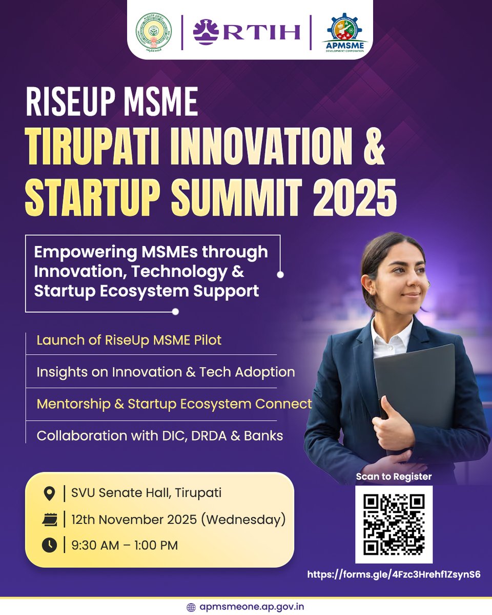 apmsmedc's tweet image. RiseUp MSME - Tirupati Innovation &amp;amp; Startup Summit 2025
Theme: Empowering MSMEs through Innovation, Technology &amp;amp; Startup Ecosystem Support

We’re excited to announce the RiseUp MSME Pilot Launch, a pioneering initiative to foster innovation, digital adoption, and entrepreneurship…