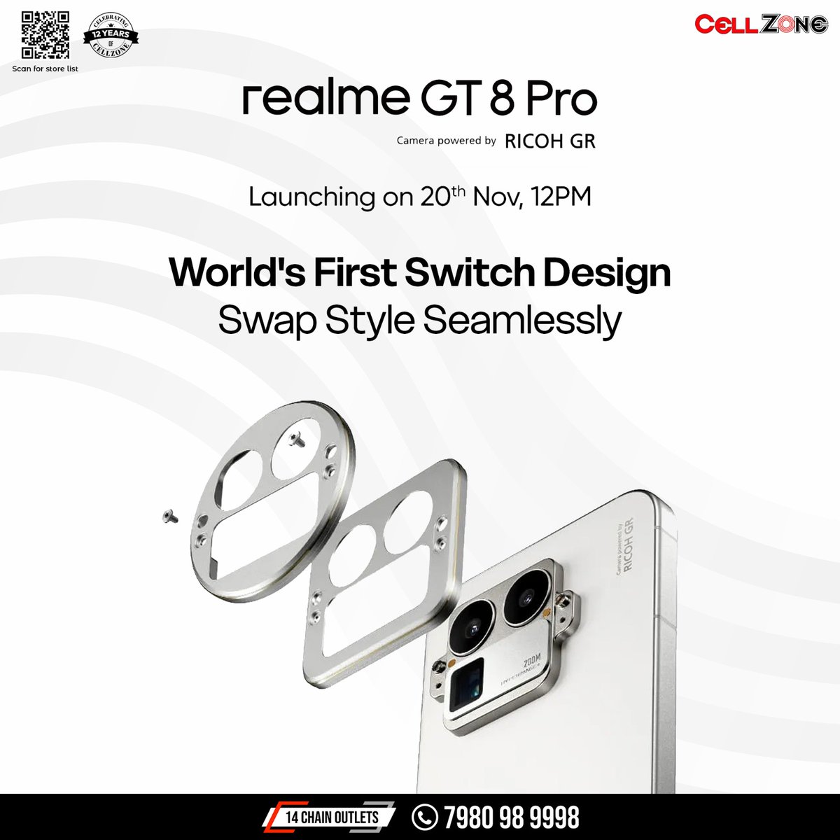 CellZonee's tweet image. realme GT 8 Pro is almost here. 
Switch design, swap style, rule the game. ⚡📱
Launching 20th Nov, 12 PM at CellZone.

#realmeGT8Pro #SwitchDesign #StyleSwap #RealmeLaunch #CellZone #TechDrop #NewArrival #RicohGR #CameraPower #MobileLaunch #ComingSoon