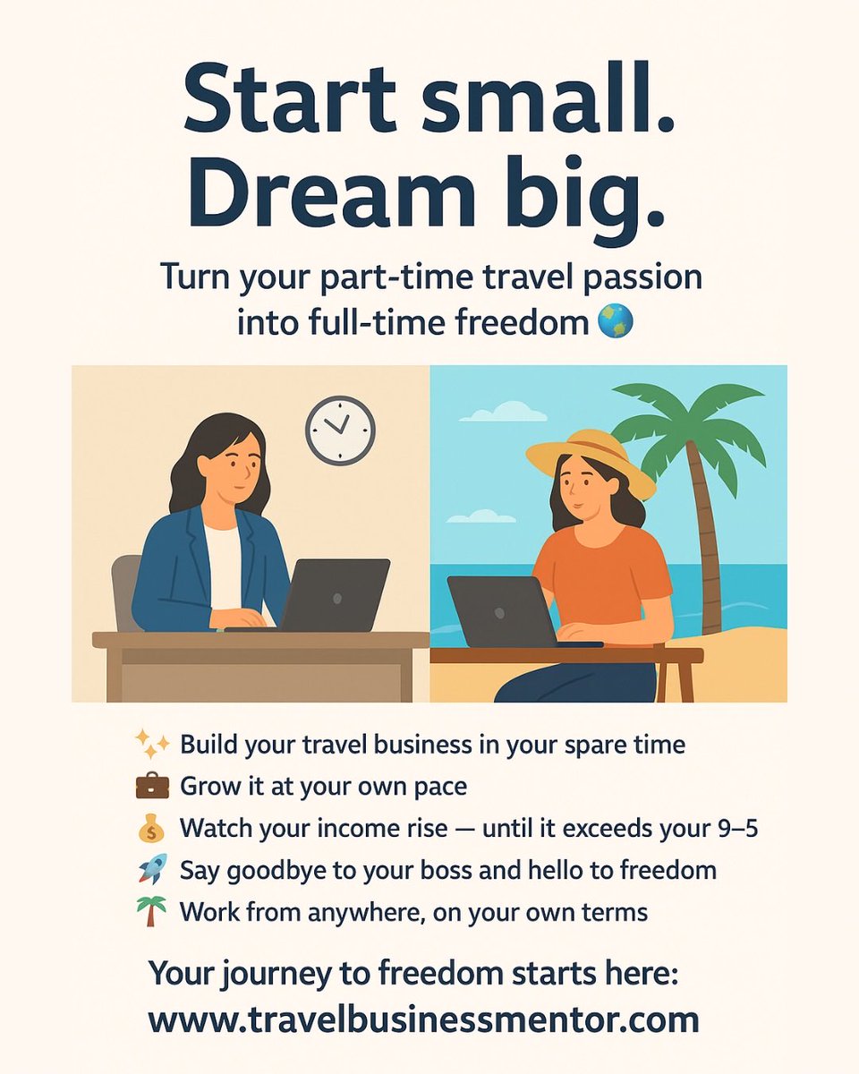 DanOri's tweet image. Start small. Dream big.
Turn your part-time travel passion into full-time freedom 🌍

Your journey to freedom starts here:
👉 travelbusinessmentor.com

#workfromanywhere #remotework #workanywhere #travelbusiness #digitalnomad
