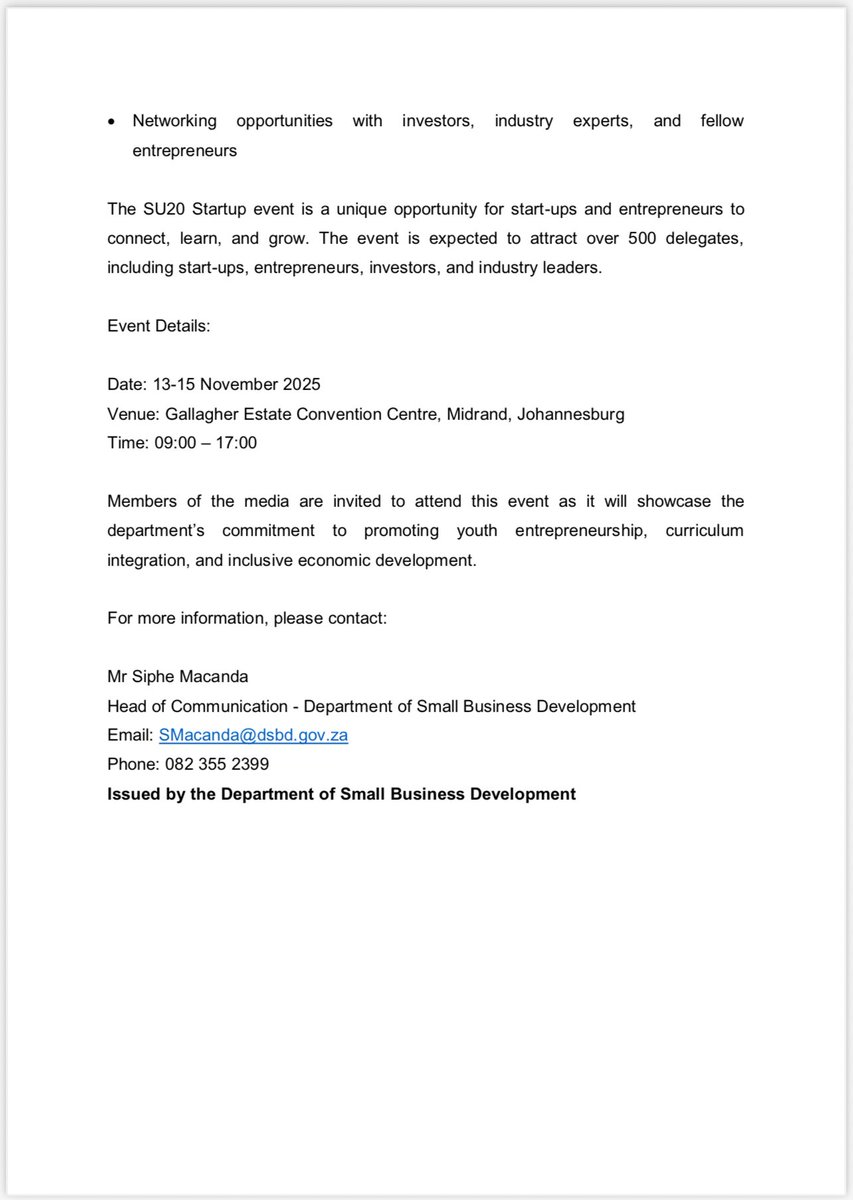 DSBD_SA's tweet photo. MEDIA ADVISORY- Department of Small Business Development to host the Startup 20 (SU20) Summit.
#Startup20Summit #SU20Summit #DepartmentOfSmallBusinessDevelopment #DSBD https://t.co/KC7o9zsnDI