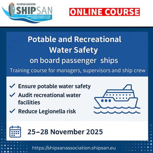 💧 Register now!

🚢 Water Safety on Passenger Ships
📅 25–28 Nov 2025 (Online)
🕒 Live: 15:00 CET (Days 2–4)
🧠 Day 1: Self-paced

Learn to: ensure safe potable water, audit pools/spas &amp; prevent Legionella.

🔗 forms.med.uth.gr/index.php/7413…

📌 Deadline: 17 Nov

#shipsan #watersafety