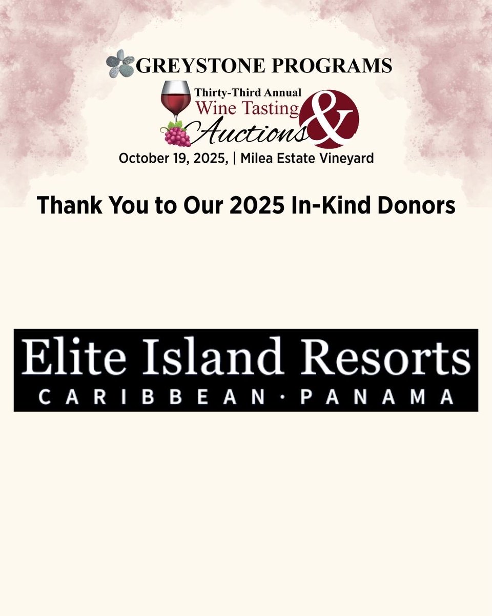 GreystonePrgrms's tweet image. Thank you to our 2025 In-Kind Donors for helping make the 33rd Annual Wine Tasting and Auctions a truly special event!

Your generosity fuels Greystone Programs’ mission to provide meaningful opportunities for those we support. 

#GreystonePrograms