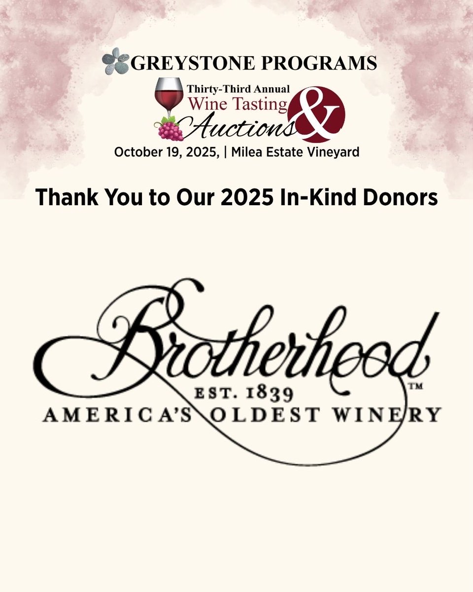 GreystonePrgrms's tweet image. Thank you to our 2025 In-Kind Donors for helping make the 33rd Annual Wine Tasting and Auctions a truly special event!

Your generosity fuels Greystone Programs’ mission to provide meaningful opportunities for those we support. 

#GreystonePrograms