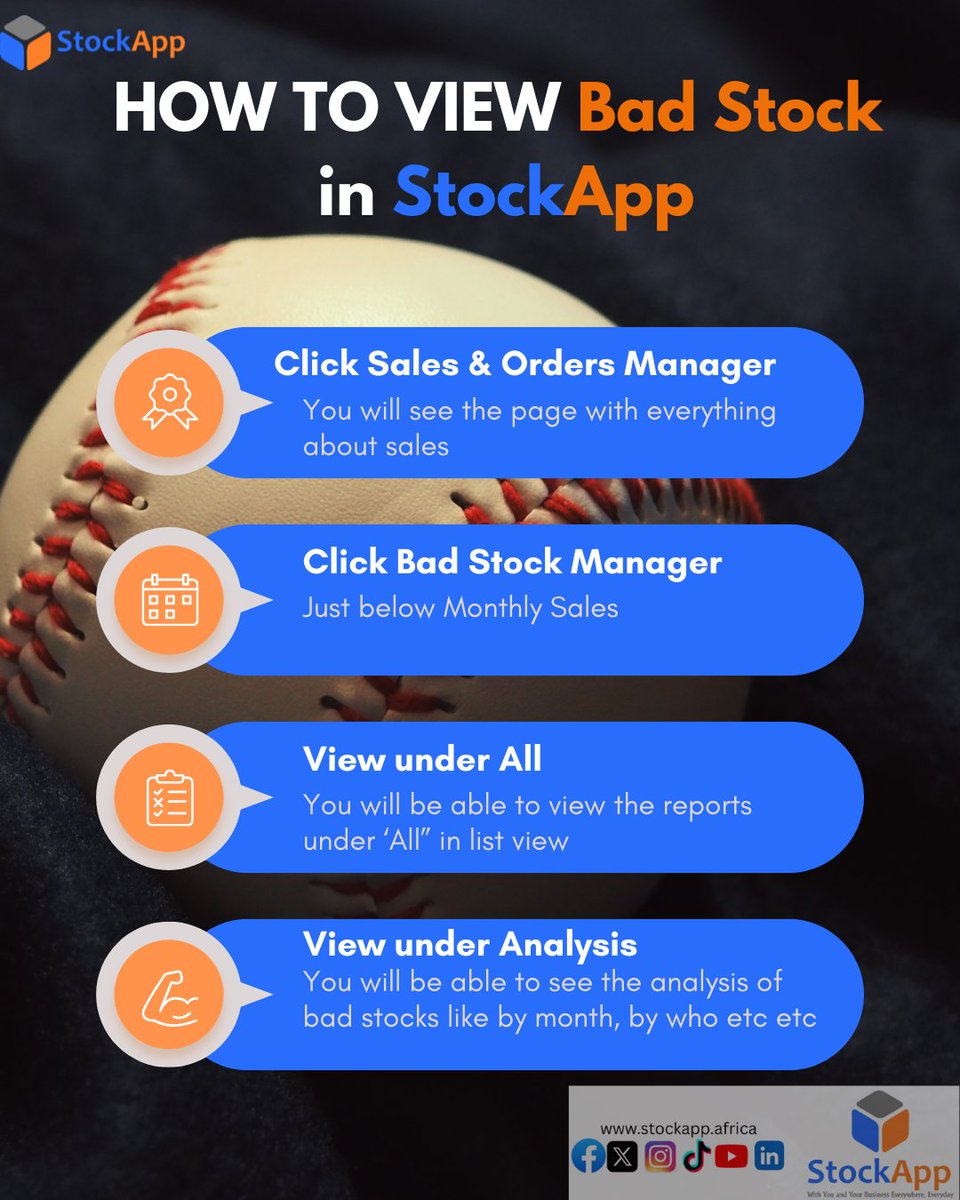StockApp's tweet image. Want to track your damaged or expired items? 📊
Here’s how to view Bad Stock Reports in StockApp 👇
1️⃣ Click Sales &amp;amp; Orders Manager
2️⃣ Click Bad Stock Manager
3️⃣ Tap View Bad Stock Reports ✅

Stay informed. Stay in control. 💪
#StockApp #SmartInventory