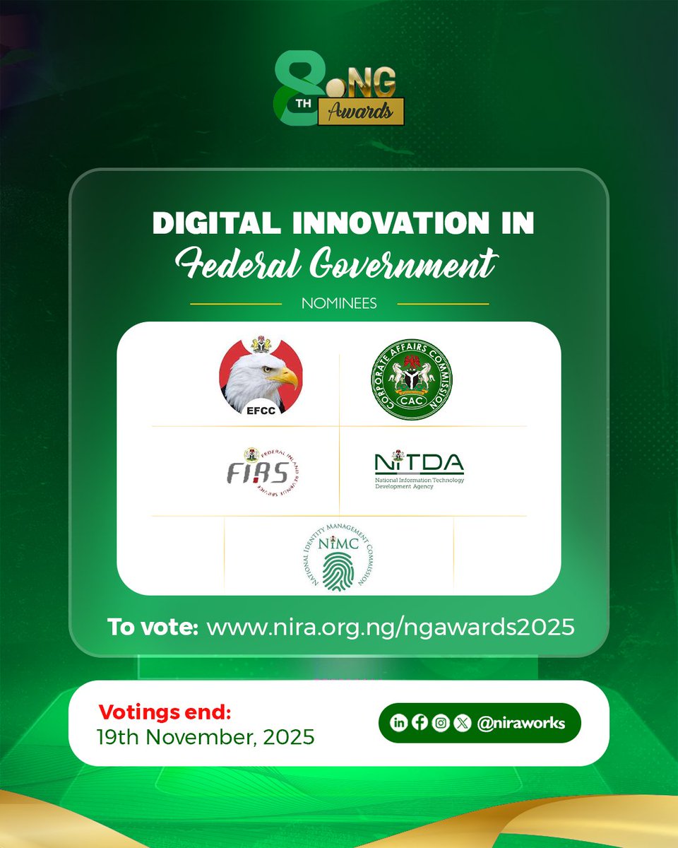 niraworks's tweet image. These government organizations are infusing technology to drive real impact in their work.
Meet the nominees for the Digital Innovation in Federal Government category. @officialEFCC, @FIRSNigeria, @cacnigeria1, @NITDANigeria and @nimc_ng 
Vote at nira.org.ng/ngawards2025
