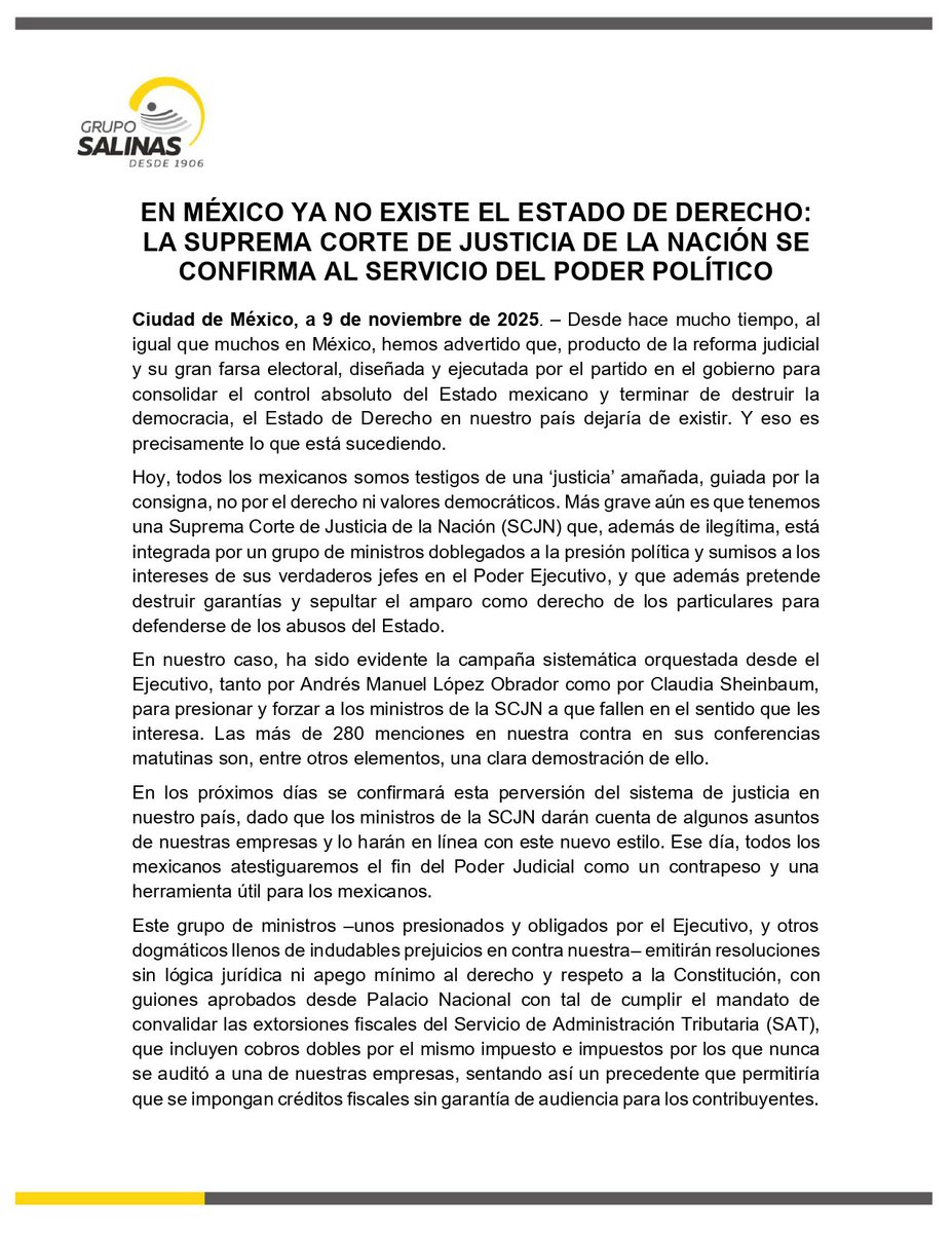 Arouet_V's tweet image. El gobierno federal alista un golpe tremendo contra @gruposalinas. Éste ocurrirá como parte del estreno del Poder Judicial de la Federación que se encuentra en su poder. 

La Suprema Corte de Justicia mostrará al mundo a México autoritario, sin contrapesos. Un país donde la…