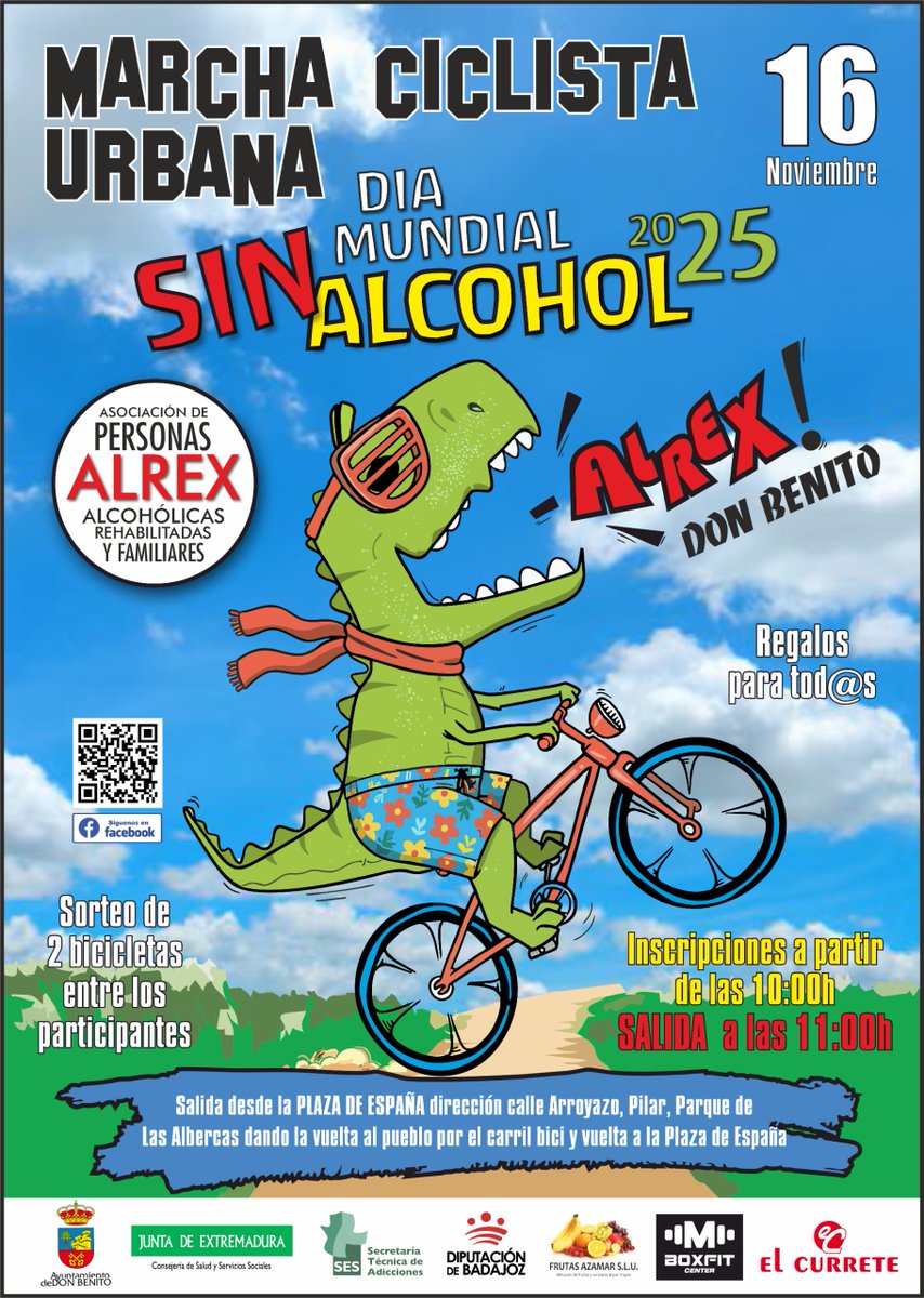 El próximo domingo, Don Benito celebra el Día Mundial Sin Alcohol con una Marcha Ciclista Urbana. 
La iniciativa, organizada en colaboración con ALREX Don Benito, invita a la ciudadanía a participar en una marcha ciclista urbana abierta a todas las edades.
